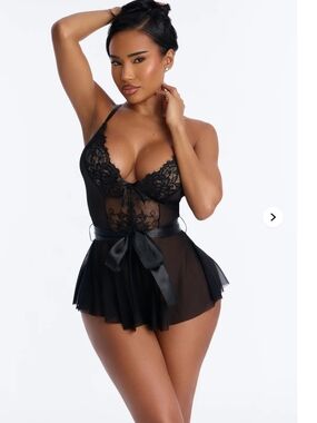 Fashion Nova Sheer Lace Babydoll with Satin Tie - Black NWT!